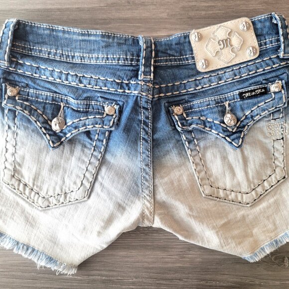 MISS ME SHORTS BLEACH DIP DYE BLUE OMBRE STRETCH LOW RISE DISTRESSED SIZE 28 - Picture 11 of 14